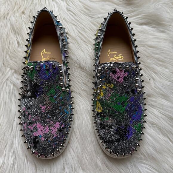 NWT • Christian Louboutin PIK BOAT Sequin Splash Spiked Stud Sneaker Size: 35 - Picture 3 of 12